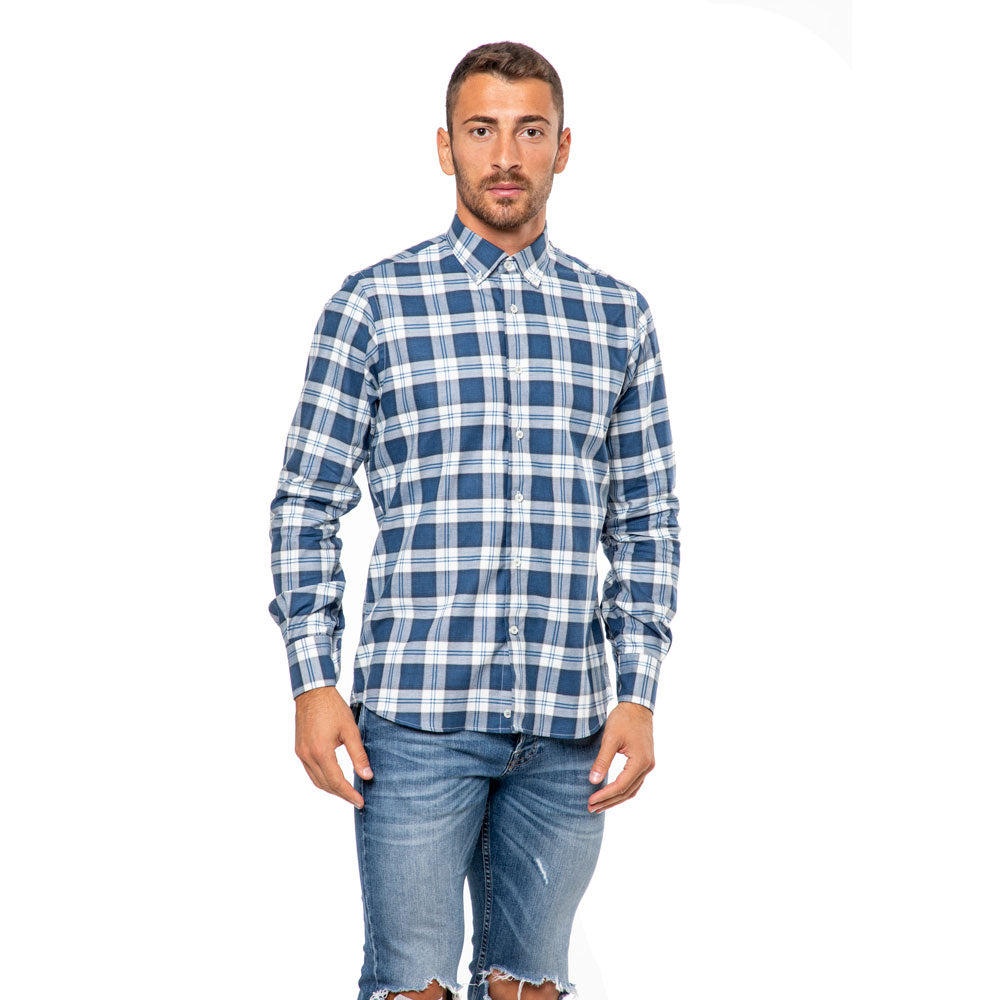 Camicia Casual Uomo Cromoncent A Quadri Flanella - Maniche Lunghe Button Down - Blu - Taglia XL