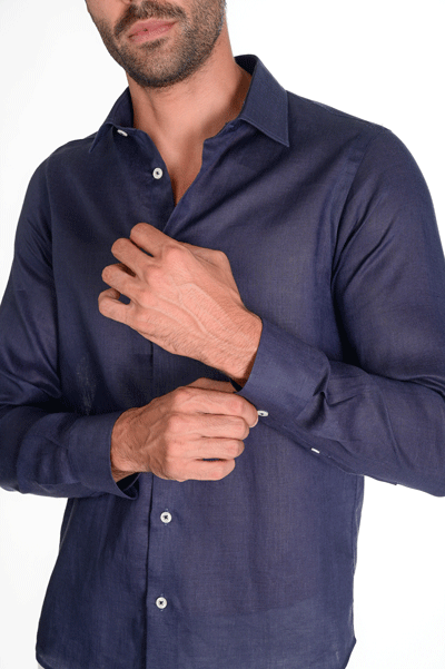 Camicia di lino blu notte collo italiano slim fit
