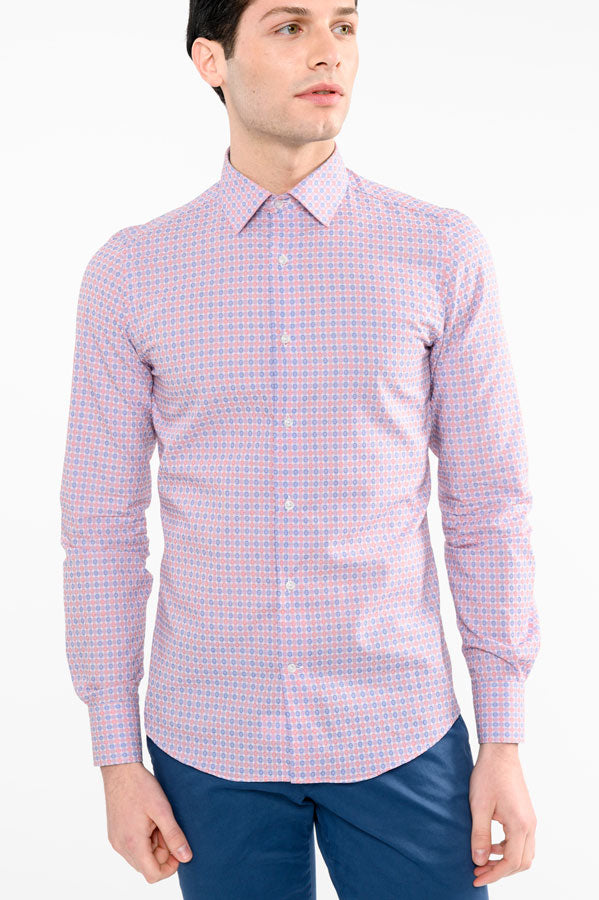 Camicia slim fit pattern geometrico blu e rosso