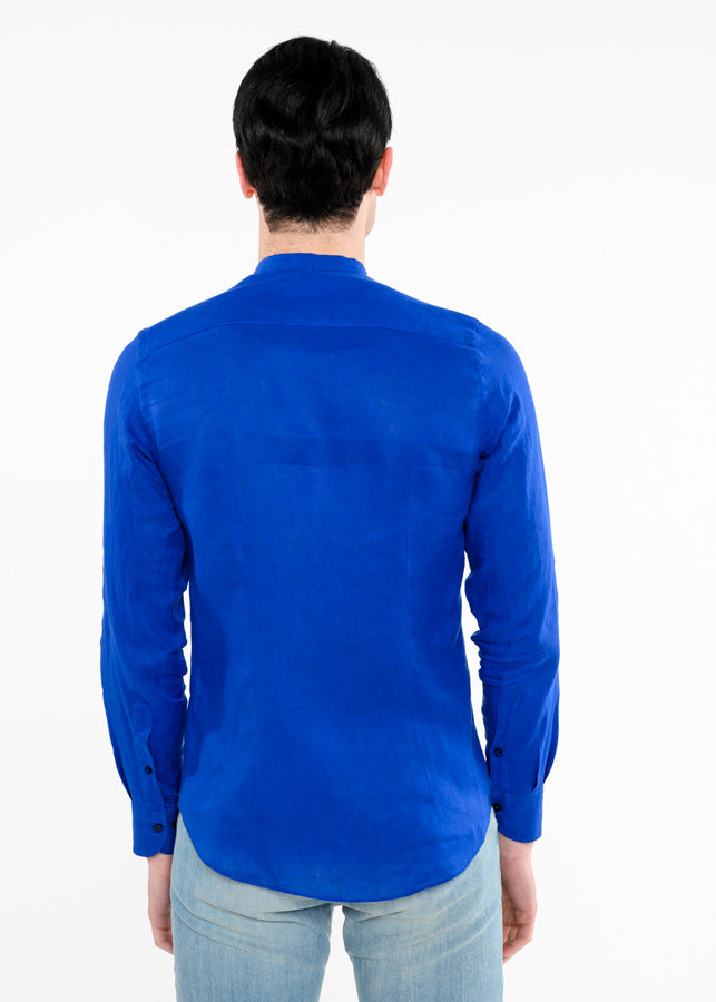 Camicia-di-Lino-Collo-alla-Coreana-Uomo-Blu