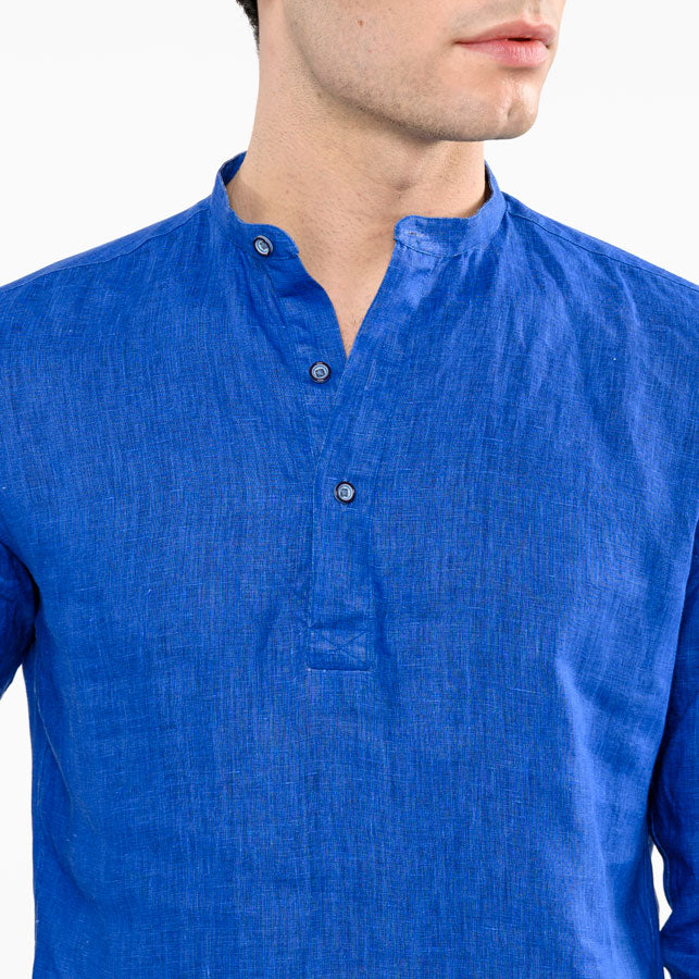Colletto-Alla-Coreana-Camicia-Lino-Blu-Oltremare-Bottoni-Colorati