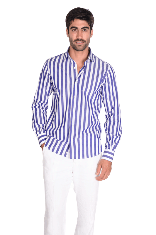 Camicia a righe larghe blu e bianca collo francese slim fit vibenfactorystore