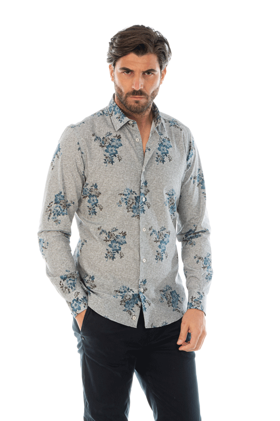 camicia uomo grigio ghiaccio stampa fiori extra slim fit vibenfactorystore