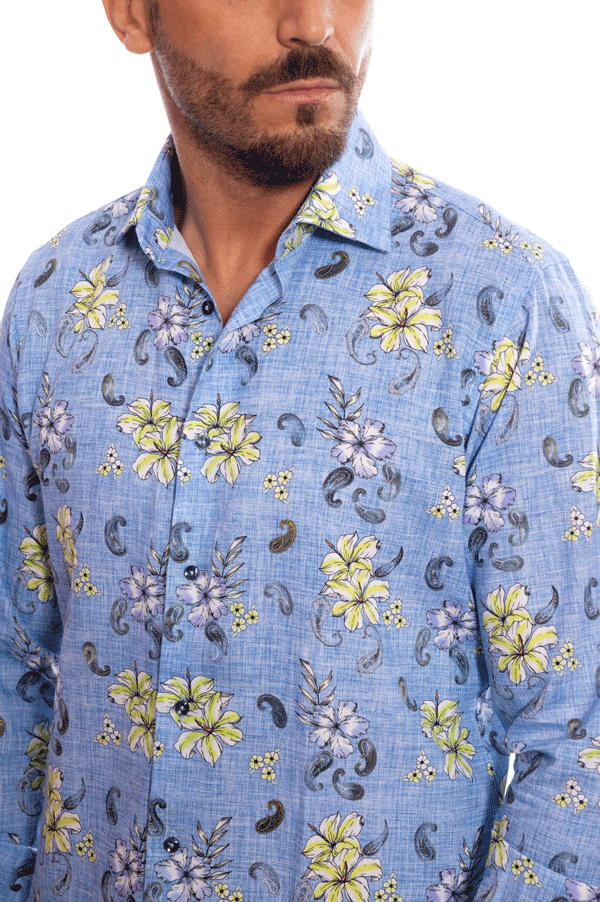 camicia lino floreale fit slim uomo