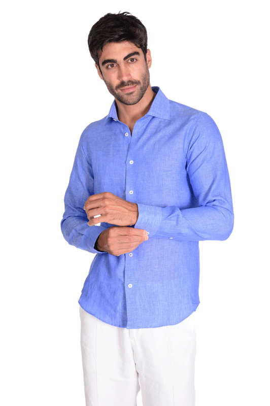 Camicia di lino tinta unita blu collo francese
