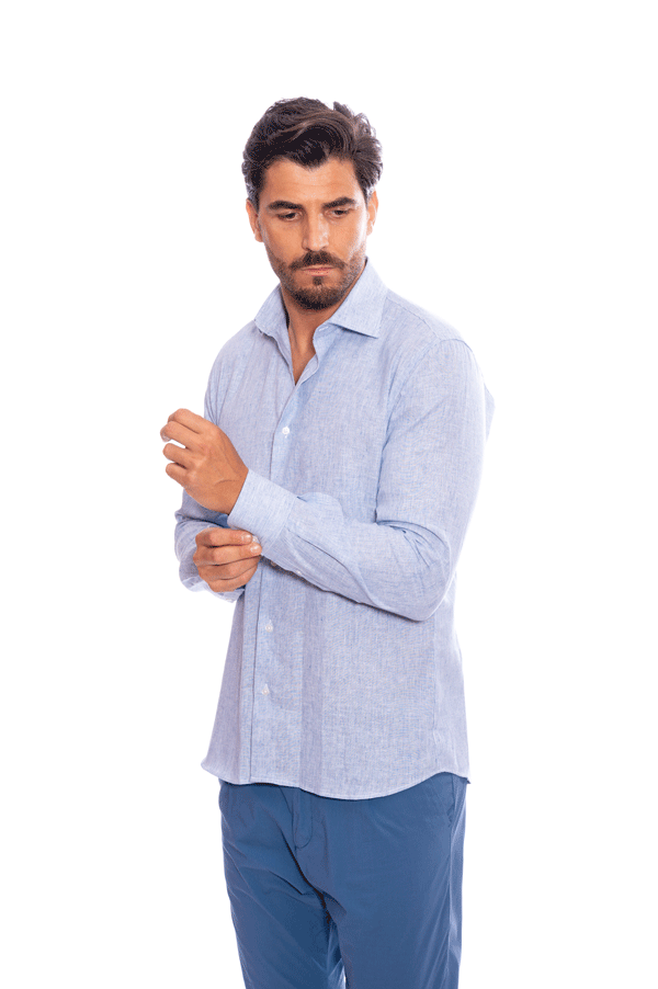 camicia lino righe strette blu e bianca fit regular uomo
