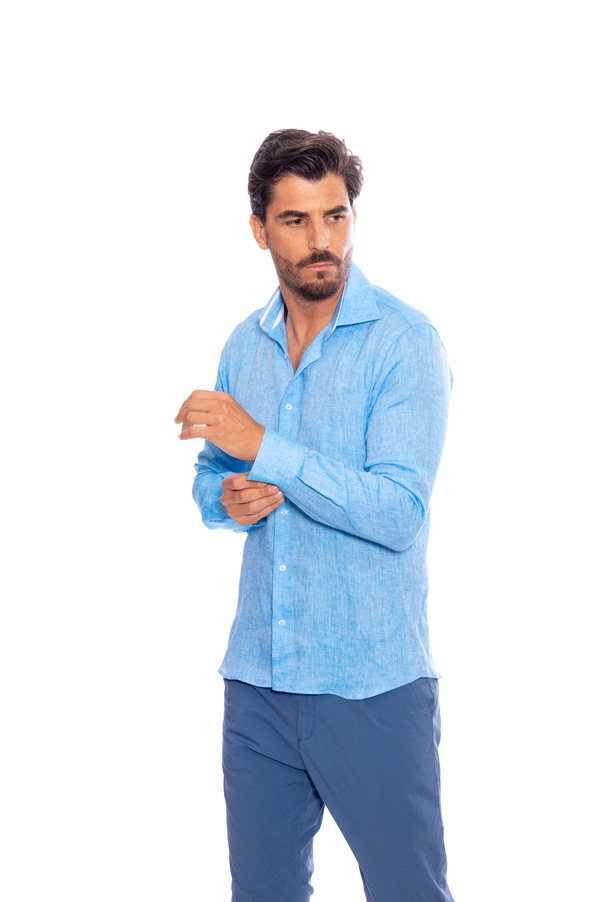camicia lino turchese regular fit uomo