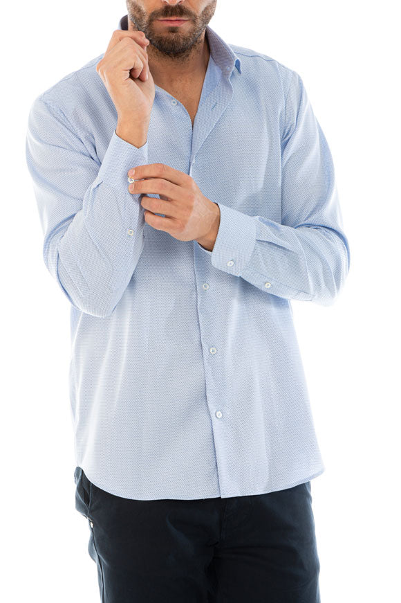 Camicia twill celeste con microfantasia slim fit uomo