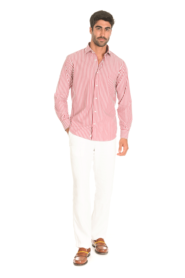 camicia rigo bianco e rosso collo francese regular fit