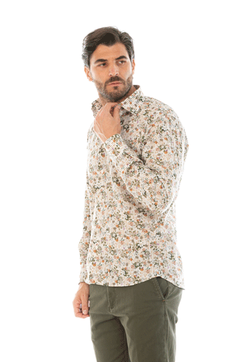 camicia uomo regular fit righe bianca e beige stampa fiori