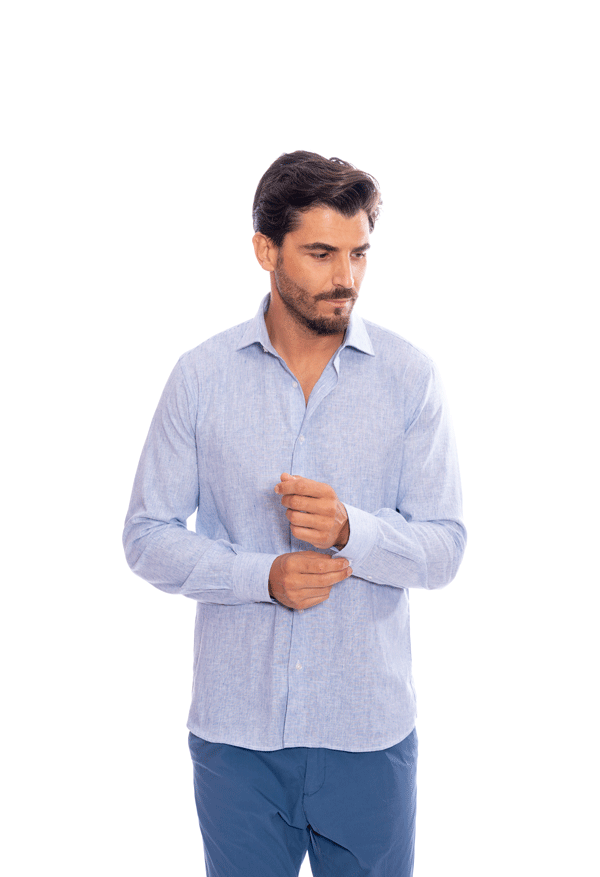 camicia lino righe strette blu e bianca fit slim uomo