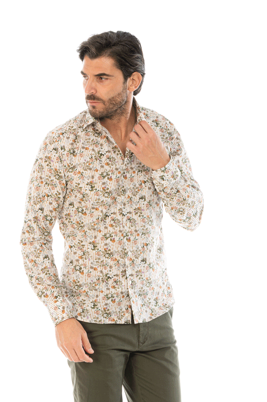 camicia uomo righe bianca e beige stampa fiori