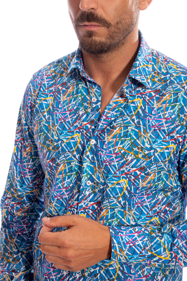 camicia blu chiaro fantasia colorata slim fit uomo