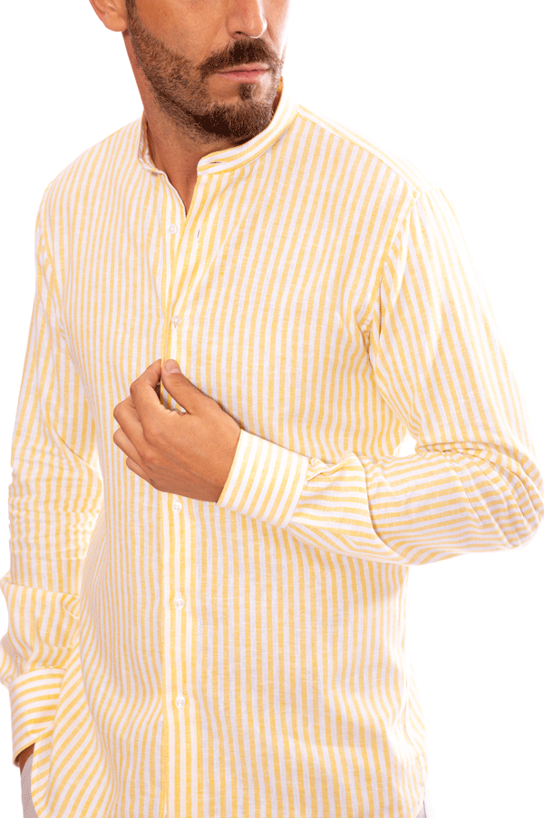 camicia lino righe piccole bianche e gialle coreano fit slim uomo