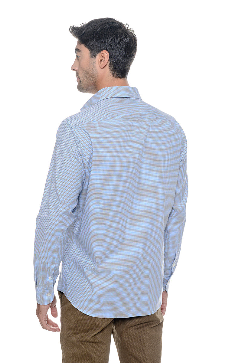 Camicia cotone twill - quadretto piccolo marrone e celeste