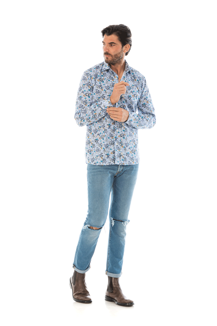 camicia uomo righe blu e bianca stampa floreale