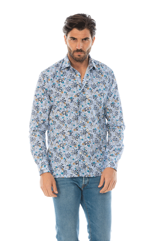 camicia uomo righe blu e bianca stampa floreale