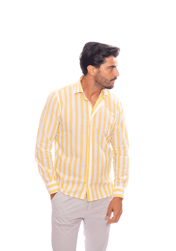 camicia cotone goffrato righe larghe bianche e gialle fit slim uomo