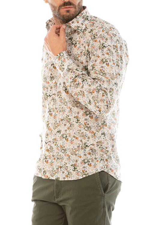 camicia uomo righe bianca e beige stampa fiori