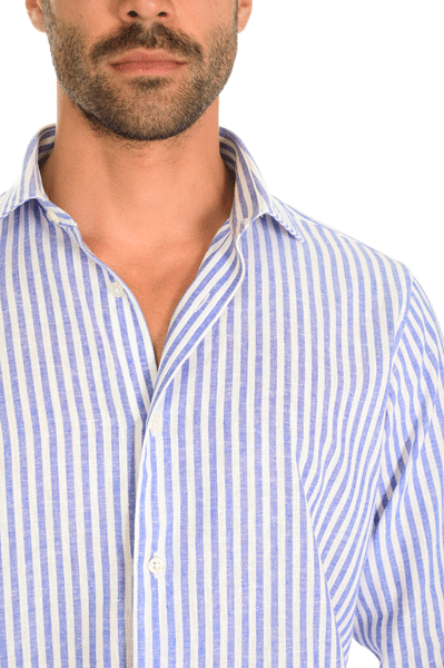 Camicia a righe bianca e blu collo francese misto lino cotone