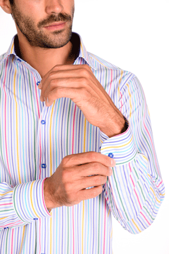 Camicia a righe colorate fondo bianco collo francese